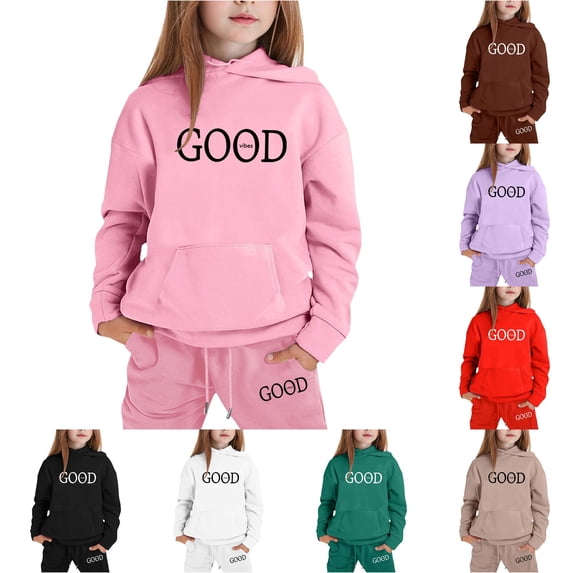 GobdXE Kids 2 Piece Fall Winter Long Sleeve Hoodie and Drawstring Long Jogger Pants GOOD Vibes Letter Print Tracksuit Set 4-5 Years,Pink