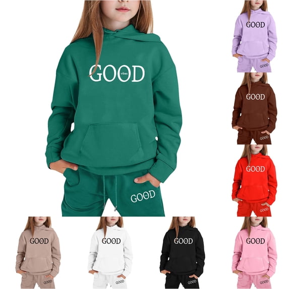 GobdXE Kids 2 Piece Fall Winter Long Sleeve Hoodie and Drawstring Long Jogger Pants GOOD Vibes Letter Print Tracksuit Set 8-9 Years,Dark Green