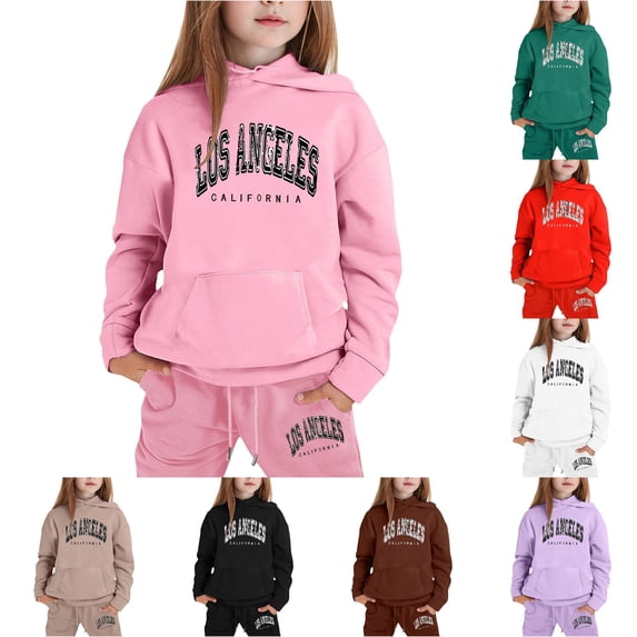 GobdXE Kids 2 Piece Fall Winter Long Sleeve Hoodie and Drawstring Long Jogger Pants Los Angeles California Letter Print Tracksuit Set 1-2 Years,Pink