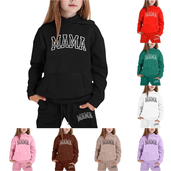 GobdXE Kids 2 Piece Fall Winter Long Sleeve Hoodie and Drawstring Long Jogger Pants MAMA Outline Letter Print Tracksuit Set 5-6 Years,Black