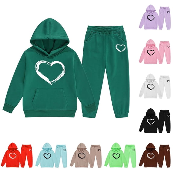 GobdXE Kids 2 Piece Hoodie Sweatpants Set Brush Stroke Heart Print Long Sleeve Pullover Tracksuit Casual Outfit for Boys and Girls 7-8 Years,Dark Green