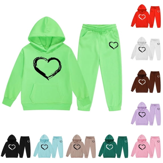 GobdXE Kids 2 Piece Hoodie Sweatpants Set Brush Stroke Heart Print Long Sleeve Pullover Tracksuit Casual Outfit for Boys and Girls 7-8 Years,Green