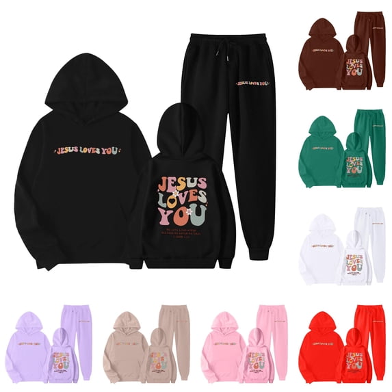 GobdXE Kids 2 Piece Jesus Loves You Print Hoodie Jogger Tracksuit Set 5-6 Years,Black