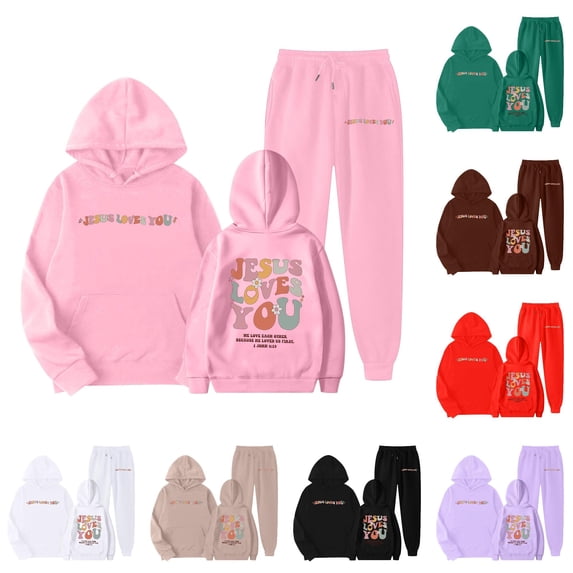 GobdXE Kids 2 Piece Jesus Loves You Print Hoodie Jogger Tracksuit Set 7-8 Years,Pink