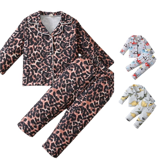 GobdXE Kids 2 Piece Pajama Set Leopard Print Lapel Button Down Long Sleeve Top and Pants Children Loungewear Sleepwear Brown,3-4 Years