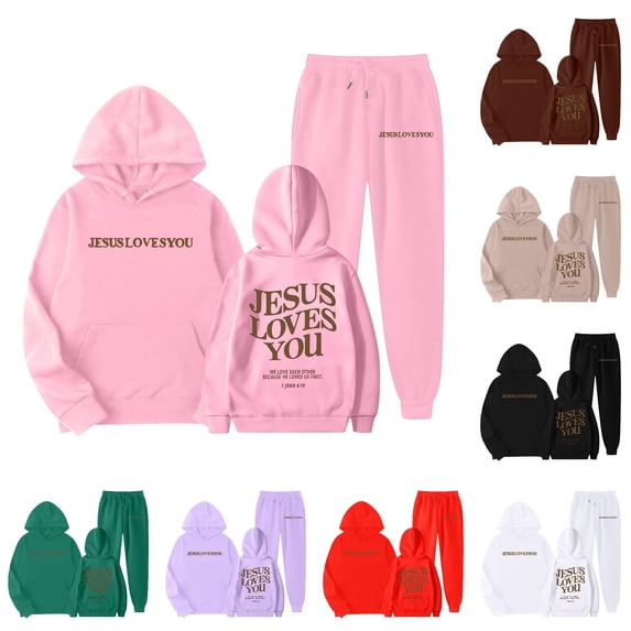 GobdXE Kids 2Pcs Fall Winter Long Sleeve Hoodie Long Jogger Pants Jesus Loves You Print Tracksuit 6-7 Years,Pink