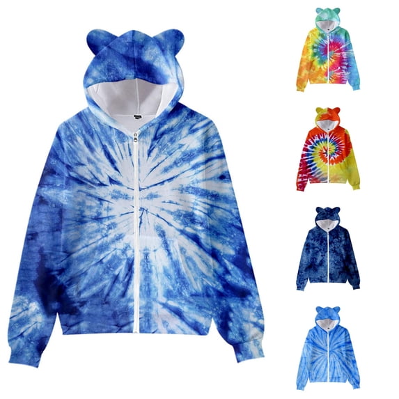 GobdXE Kids Bear Ear Hooded Full Zip Tie Dye All Over Print Jacket Long Sleeve Loose Casual Outdoor Hooded Coat Sky Blue,12-13 Years