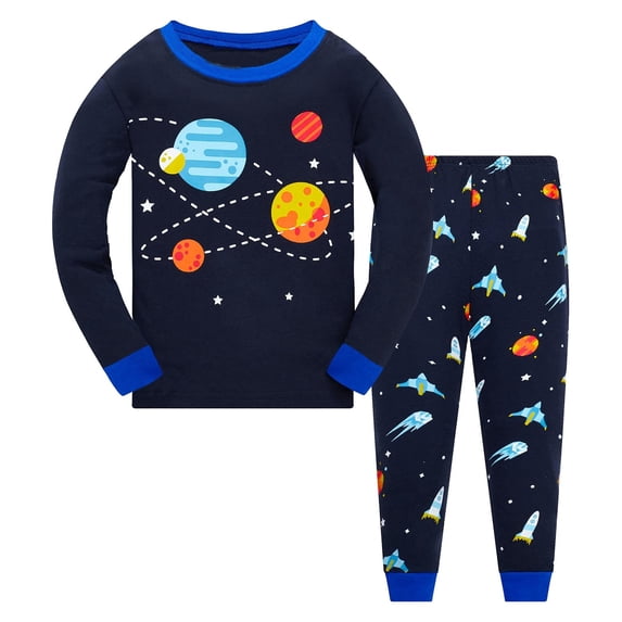 GobdXE Kids Boys Space Rocket Printed Sleepwear Long Sleeve 2 Piece Pajama Top Pants Casual Nightwear Set 11-12 Years,Navy