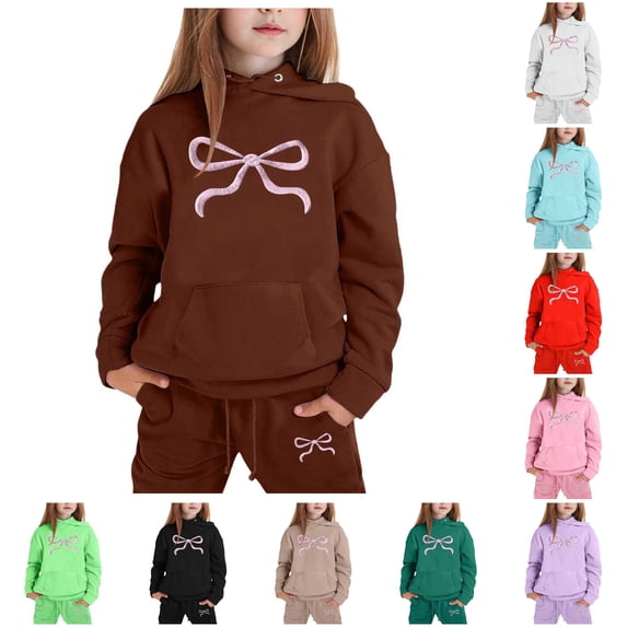 GobdXE Kids Girls 2 Piece Tracksuit Soft Textured Bow Print Hoodie Jogger Pants Winter Warm Daily Clothing Set 2-3 Years,Coffee