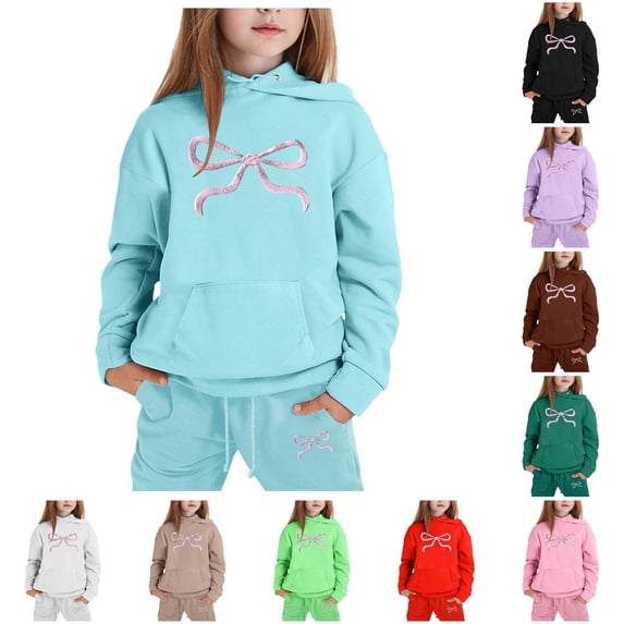 GobdXE Kids Girls 2 Piece Tracksuit Soft Textured Bow Print Hoodie Jogger Pants Winter Warm Daily Clothing Set 2-3 Years,Light Blue