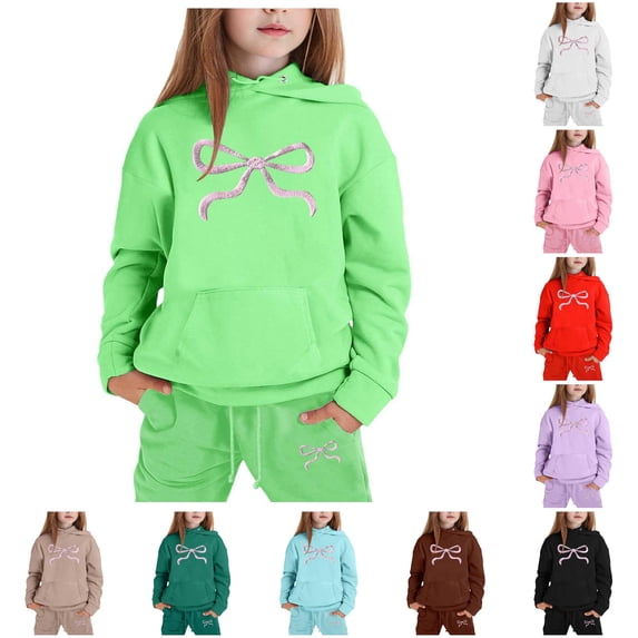 GobdXE Kids Girls 2 Piece Tracksuit Soft Textured Bow Print Hoodie Jogger Pants Winter Warm Daily Clothing Set 4-5 Years,Green