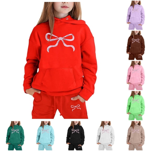 GobdXE Kids Girls 2 Piece Tracksuit Soft Textured Bow Print Hoodie Jogger Pants Winter Warm Daily Clothing Set 6-7 Years,Red