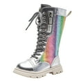 thumbnail image 1 of GobdXE Kids Knee High Combat Boots Glitter Panel Decor Lace Up Side Zip Thick Non Slip Sole Casual Boots Silver,4.5-5 Years, 1 of 5