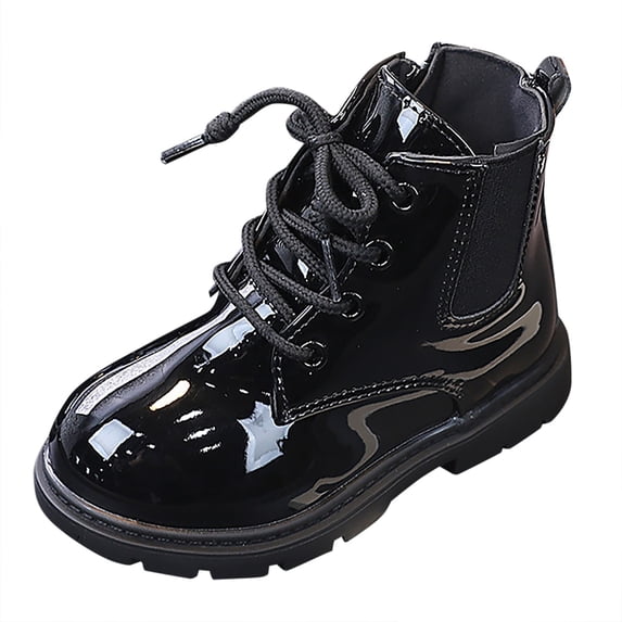 GobdXE Kids Patent Leather Lace Up Ankle Boots Side Zip Thick Non Slip Sole Casual Combat Boots Black,6.5