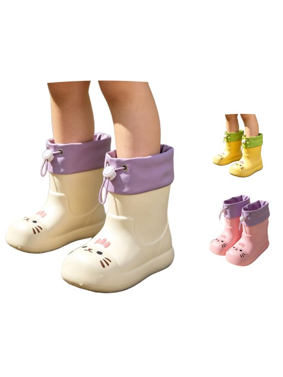 GobdXE Kids Rain Boots Waterproof Nonâ Lightweight 3D Cartoon Cat Face Print Drawstring Short Rain Booties Easy On off Outdoor Mud Boots for Boys Girls White,3-3.5 Years
