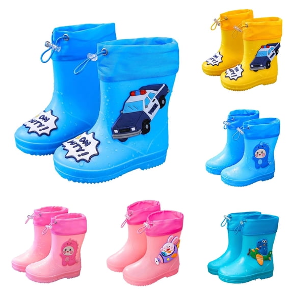 GobdXE Kids Rain Boots Waterproof Nonâ Lightweight 3D Police Car Decor Drawstring Rain Booties Easy On off Outdoor Mud Boots for Boys Girls Blue,3-4 Years