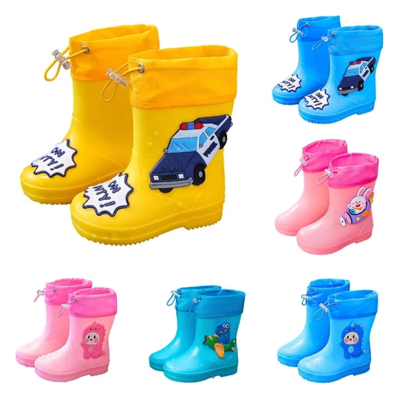 GobdXE Kids Rain Boots Waterproof Nonâ Lightweight 3D Police Car Decor Drawstring Rain Booties Easy On off Outdoor Mud Boots for Boys Girls Yellow,4-5 Years