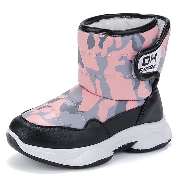 GobdXE Kids Snow Boots Boys Camo Winter Boots Warm Fur Lined Chunky Sole Outdoor Boots Pink,10-10.5 Years
