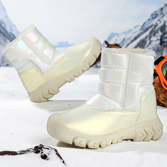GobdXE Kids Snow Boots Girls Winter Boots Iridescent Shiny Fur Lined Chunky Sole Waterproof Boots Beige,9-9.5 Years
