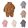 thumbnail image 1 of GobdXE Kids Textured Outfit Zip Up Stand Collar Jacket & Cuffed Pants Toddler Warm Loungewear Set 12-18 Months,Brown, 1 of 4