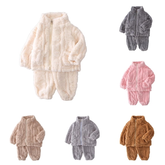 GobdXE Kids Textured Outfit Zip Up Stand Collar Jacket & Cuffed Pants Toddler Warm Loungewear Set 3-4 Years,White