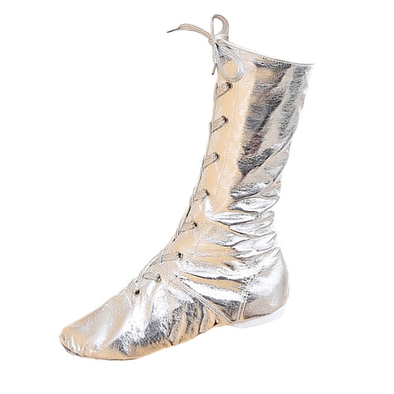 GobdXE Knee High Jazz Dance Boots Solid Faux Leather Lace Up Split Sole Performance Shoes Silver,7-8 Years
