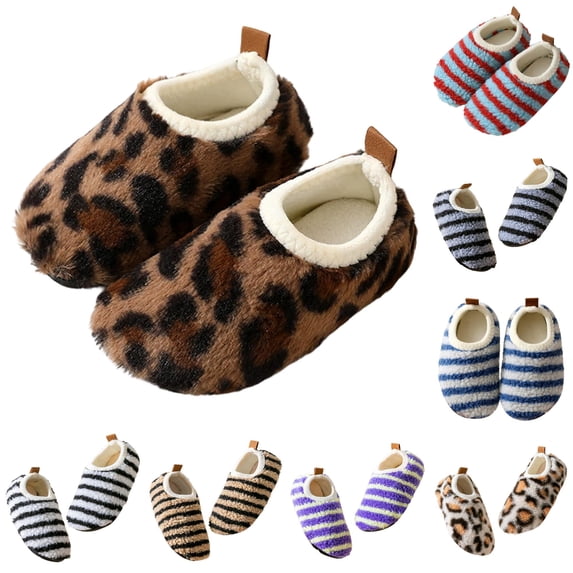 GobdXE Leopard Print Kids Fuzzy Closed Back Slippers Warm Indoor House Slippers for Home Wear Size:3-4 Years