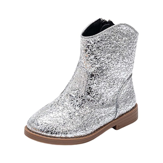 GobdXE Mid Calf Cowboy Boots Glitter Sequin Side Zipper Low Block Heel Western Casual Shoes Silver,4.5-5 Years
