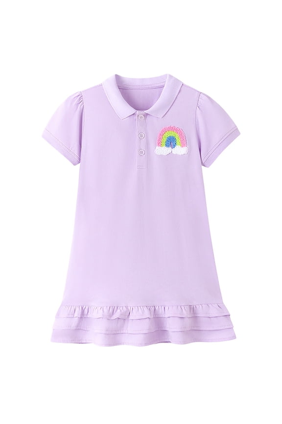 GobdXE Point Collar Partial Button Puff Short Sleeve Rainbow Towel Embroidery Double Ruffle Hem Polo Dress Back To School Layering Uniform Dress for Girls Light Purple,7-8 Years