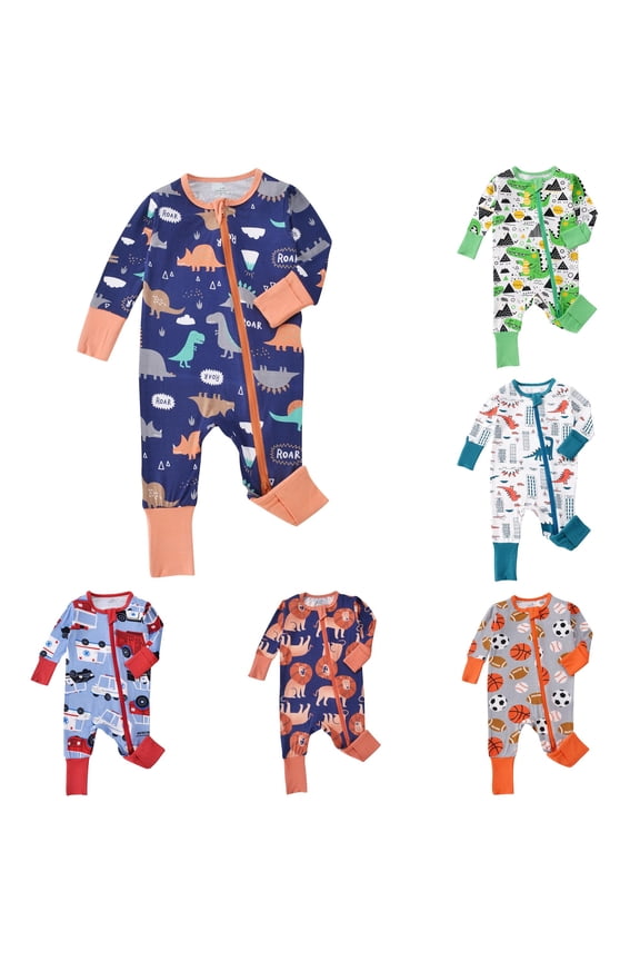 GobdXE Rescue Vehicle Print Two-Way Zip Long Sleeve Baby Sleeper Red Contrast Fold Footless Romper Size:3-6 Months
