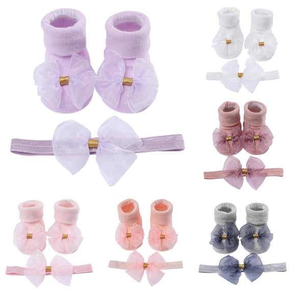 GobdXE Roll Cuff Mesh Organza Bow Socks Matching Headband 2 Piece Set Newborn Princess Shower Gift Floor Socks for Unisex Infant Girls Purple,6-12 Months