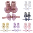thumbnail image 1 of GobdXE Roll Cuff Mesh Organza Bow Socks Matching Headband 2 Piece Set Newborn Princess Shower Gift Floor Socks for Unisex Infant Girls Red,6-12 Months, 1 of 7