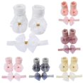 thumbnail image 1 of GobdXE Roll Cuff Mesh Organza Bow Socks Matching Headband 2 Piece Set Newborn Princess Shower Gift Floor Socks for Unisex Infant Girls White,6-12 Months, 1 of 7