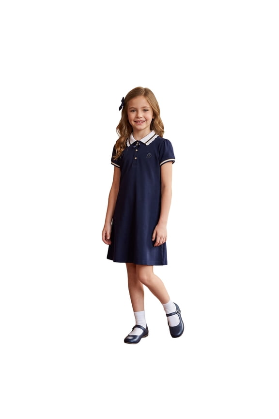 GobdXE Ruffle Trim Collar Contrast Piping Short Sleeve Dress Monogram Embroidery Back To School Uniform Dress for Girls Dark Blue,11-12 Years