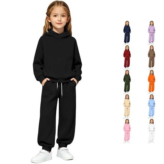GobdXE Solid Boys Girls 2 Piece Outfit Hooded Sweatshirt Jogger Pants Casual Kids Tracksuit Clothing Set Black,10-11 Years