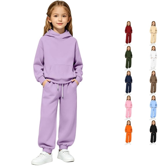 GobdXE Solid Boys Girls 2 Piece Outfit Hooded Sweatshirt Jogger Pants Casual Kids Tracksuit Clothing Set Light Purple,4-5 Years