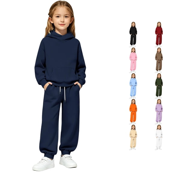 GobdXE Solid Boys Girls 2 Piece Outfit Hooded Sweatshirt Jogger Pants Casual Kids Tracksuit Clothing Set Navy,10-11 Years