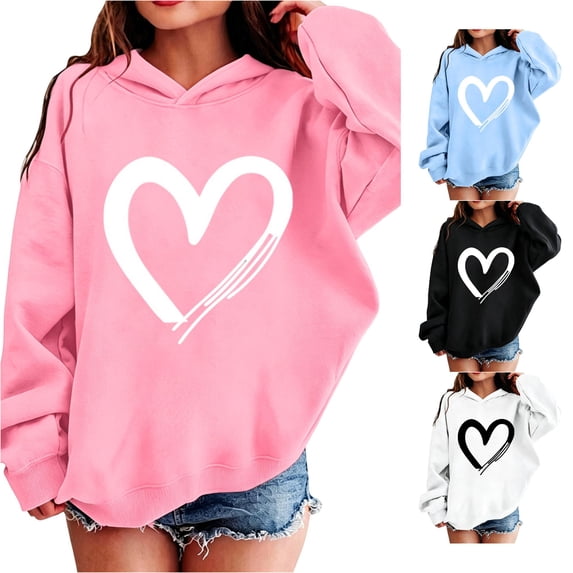 GobdXE Solid Cotton Blend Girls Pullover Hoodie Long Sleeve Hand Drawn Heart Graphic Casual Oversized Children Sweatshirt,4-5 Years(Pink)
