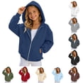 thumbnail image 1 of GobdXE Solid Cotton Blend Girls Zip Up Hoodie Long Sleeve Bubble Sleeve Dual Patch Pocket Loose Casual Children Jacket Sweatshirt,6-7 Years(Navy), 1 of 5