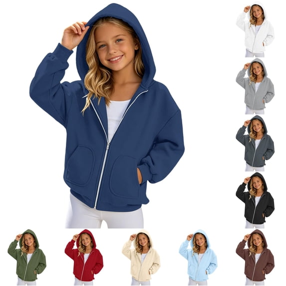 GobdXE Solid Cotton Blend Girls Zip Up Hoodie Long Sleeve Bubble Sleeve Dual Patch Pocket Loose Casual Children Jacket Sweatshirt,6-7 Years(Navy)