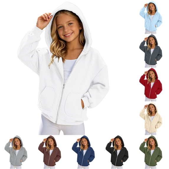 GobdXE Solid Cotton Blend Girls Zip Up Hoodie Long Sleeve Bubble Sleeve Dual Patch Pocket Loose Casual Children Jacket Sweatshirt,6-7 Years(White)