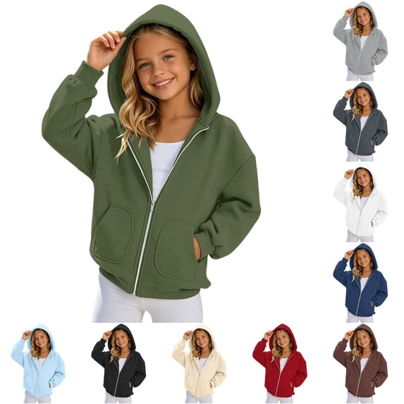 GobdXE Solid Cotton Blend Girls Zip Up Hoodie Long Sleeve Bubble Sleeve Dual Patch Pocket Loose Casual Children Jacket Sweatshirt,8-9 Years(Green)