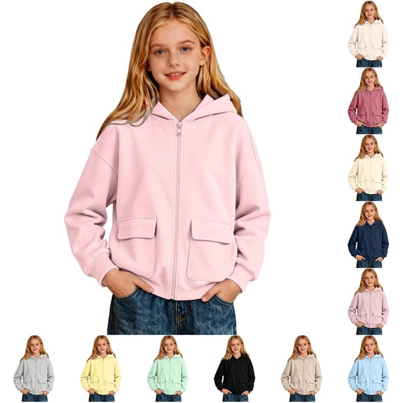 GobdXE Solid Cotton Blend Girls Zip Up Hoodie Long Sleeve Dual Patch Pocket Loose Casual Children Jacket Sweatshirt,2-3 Years(Light Pink)