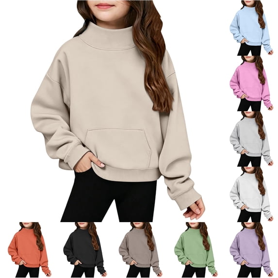 GobdXE Solid Girls Neck Long Sleeve Sweatshirt Kids Front Kangaroo Pocket Loose Casual Pullover Fashion Daily Top