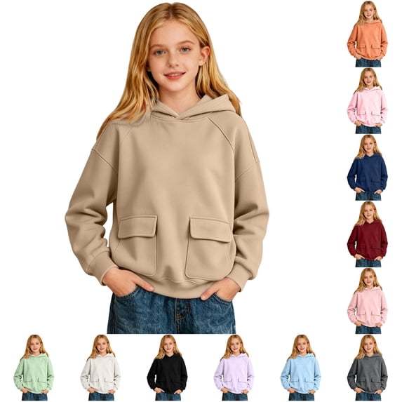 GobdXE Solid Girls Raglan Long Sleeve Hoodie Pullover Kids Dual Patch Pocket Hooded Sweatshirt Loose Casual Daily Fashion Top