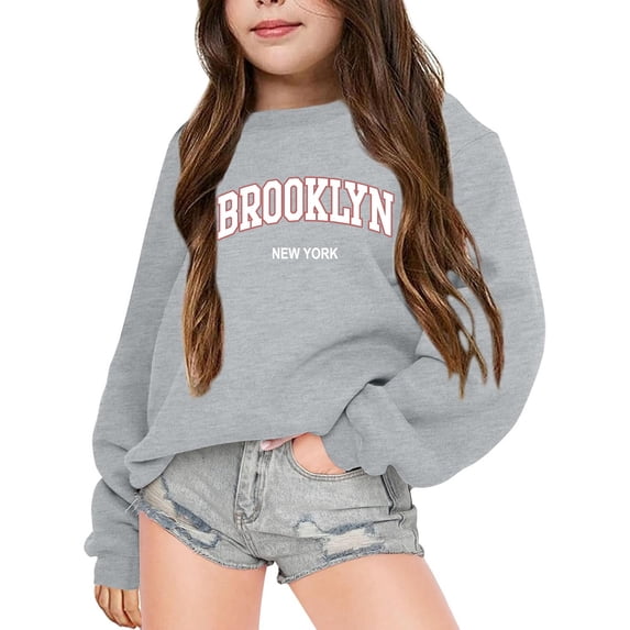 GobdXE Solid Kids Girls Brooklyn New York Varsity Arch Letter Print Crewneck Sweatshirt Long Sleeve Loose Casual Pullover Fall Street Daily Top Grey,8-9 Years