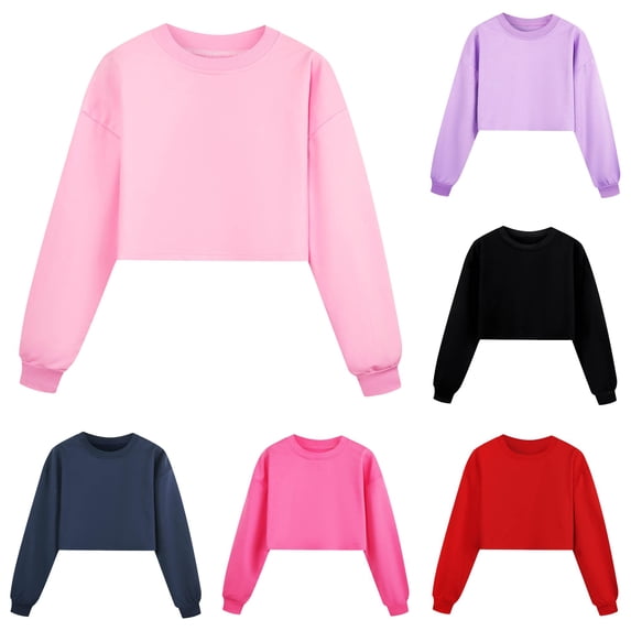 GobdXE Solid Kids Girls Plain Cropped Crewneck Sweatshirt Long Sleeve Loose Casual Street Pullover Daily Top Pink,13-14 Years