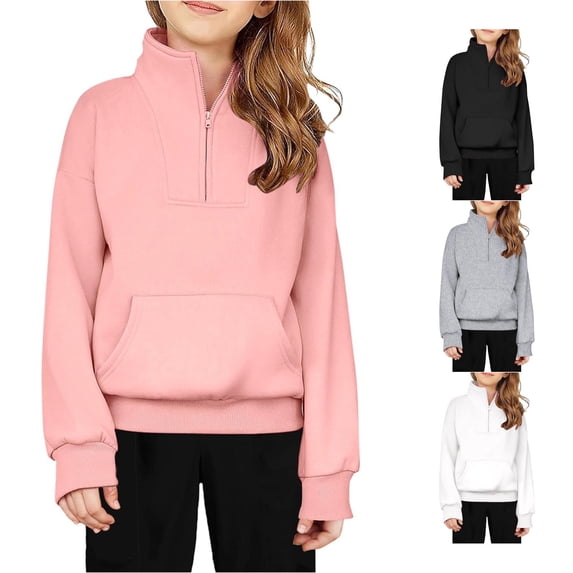 GobdXE Solid Kids Girls Quarter Zip Stand Collar Pullover Sweatshirt Long Sleeve Front Pocket Casual Loose Top for Fall Daily Outfit Pink,9-10 Years