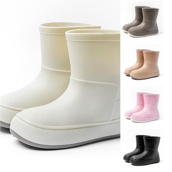 GobdXE Solid Mid Calf Rain Boots Waterproof Nonâ Thick Platform Sole Short Rain Booties Easy On off Outdoor Mud Boots for Boys Girls Beige,10.5-11 Years