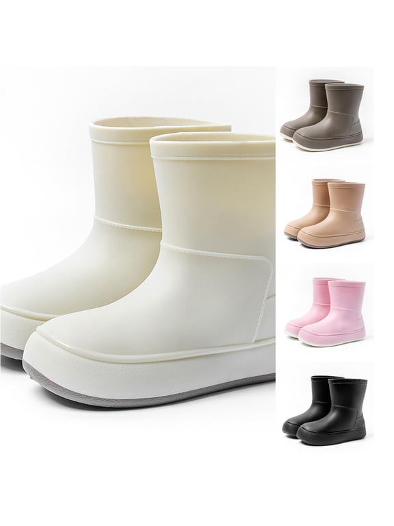 GobdXE Solid Mid Calf Rain Boots Waterproof Nonâ Thick Platform Sole Short Rain Booties Easy On off Outdoor Mud Boots for Boys Girls Beige,17-18 Years